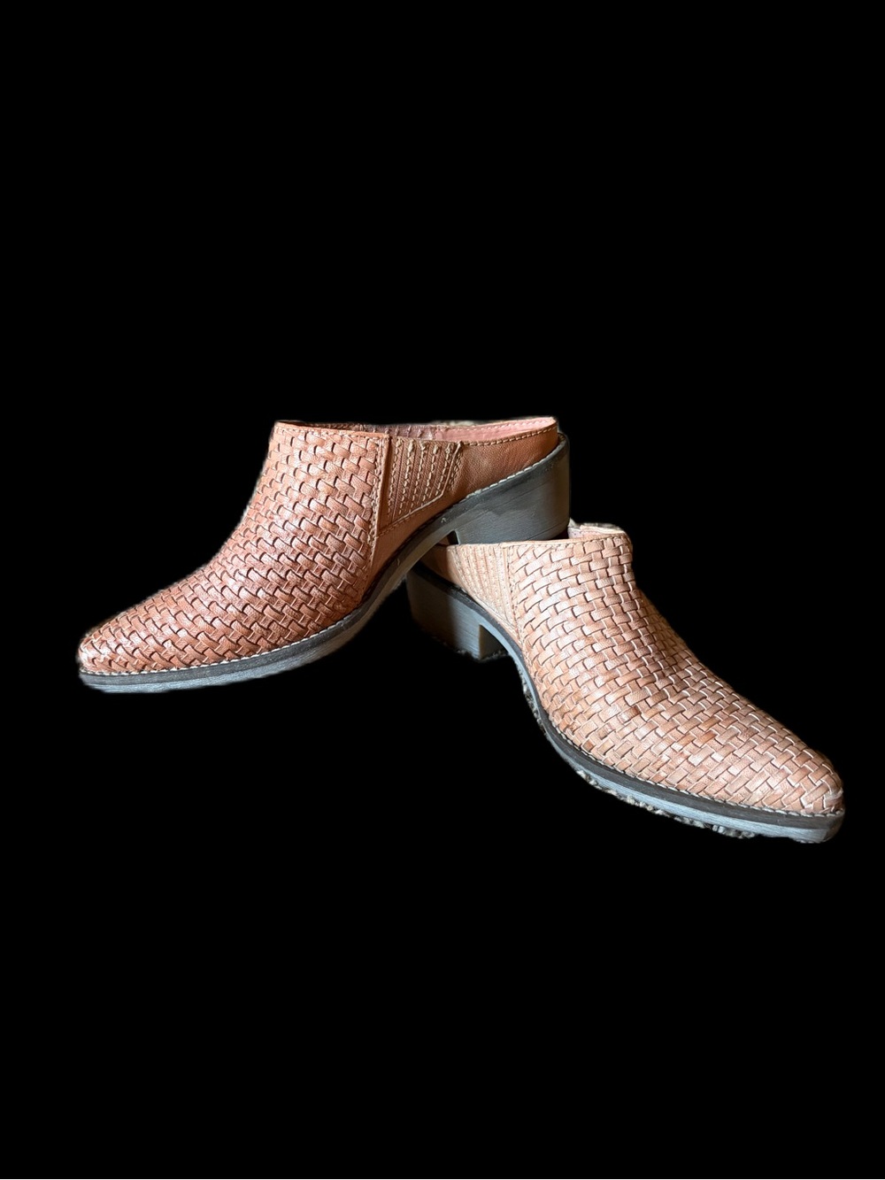 ROAN Size 7.5 Brown Woven Leather Western Mule Booties Block Heel